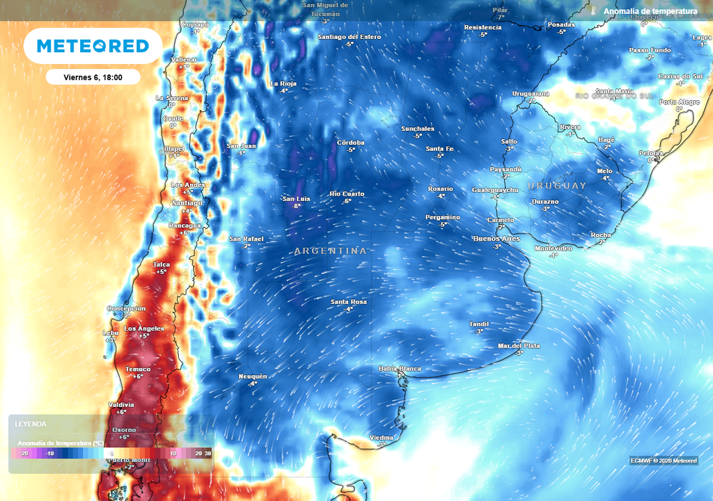 Tormenta, Alerta, Argentina, Servicio Meteorológico Nacional, Córdoba, Buenos Aires, Santa Fe, Pronóstico, Clima, Tiempo Anomalía de temperatura prevista para el próximo viernes según el modelo ECMWF