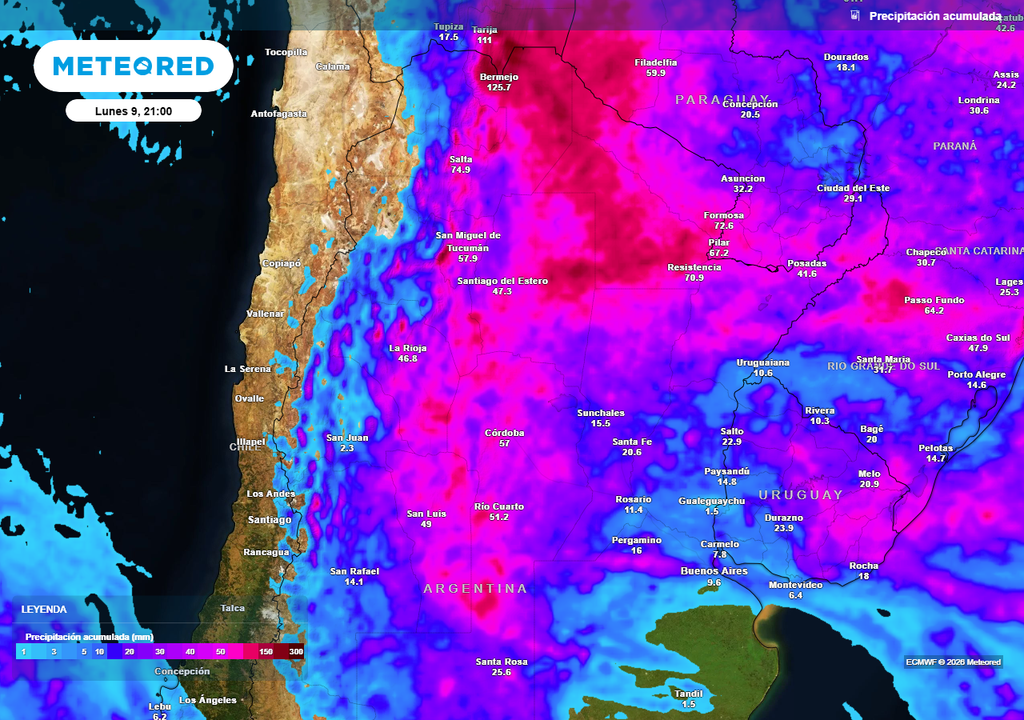Tormenta, Alerta, Argentina, Servicio Meteorológico Nacional, Córdoba, Buenos Aires, Santa Fe, Pronóstico, Clima, Tiempo Acumulados de lluvia previstos hasta el próximo lunes según nuestro modelo de referencia ECMWF