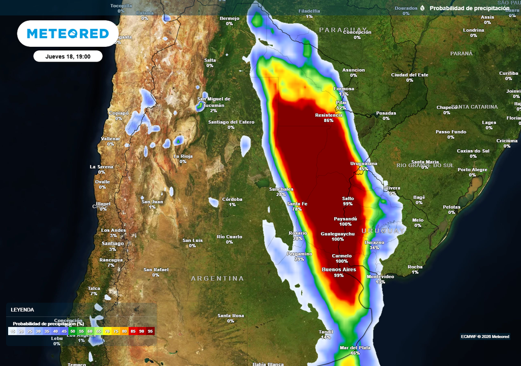 Pronóstico, Clima, Tiempo, Argentina, Tormentas, Alerta, SMN, Lluvias, Corrientes, Chaco, Formosa, Santa Fe, Entre Ríos, Granizo, Ráfagas Probabilidad de precipitaciones durante el próximo jueves según mapas propios basados en nuestro modelo de confianza ECMWF