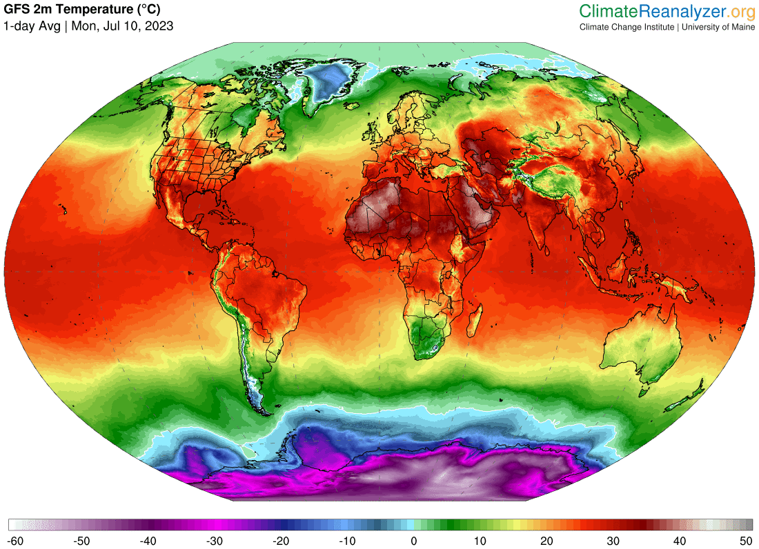 Temperatura media de la Tierra a 2 m a fecha de 10 de julio de 2023. ClimateReanalyzer
