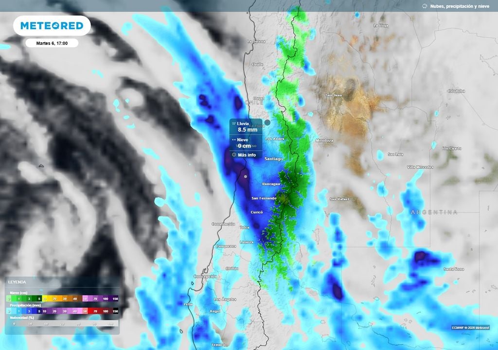 Precipitaciones moderadas a fuertes se esperan en la zona central entre martes y miércoles.