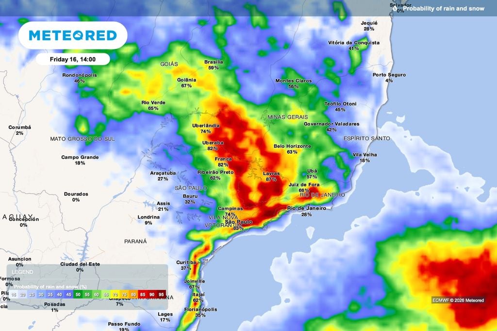 chuva, probabilidade, litros Previsão de chance de chuva para sexta-feira (16), às 14h.