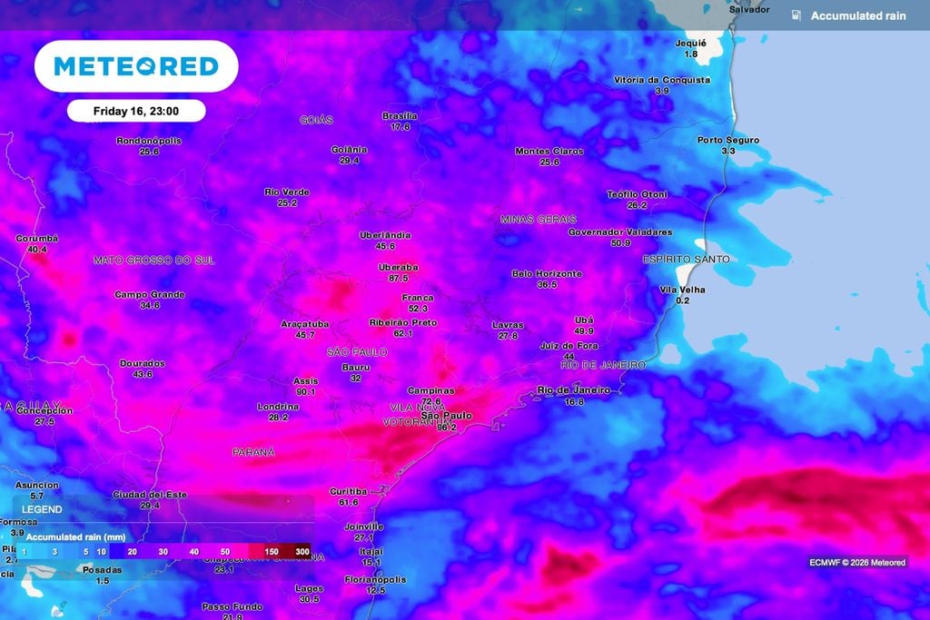 chuva, acumulada, triangulo mineiro, São Paulo Previsão de chuva acumulada até sexta-feira (16), às 23h, com volumes acima de 80 mm em pontos de São Paulo e do Triângulo Mineiro.