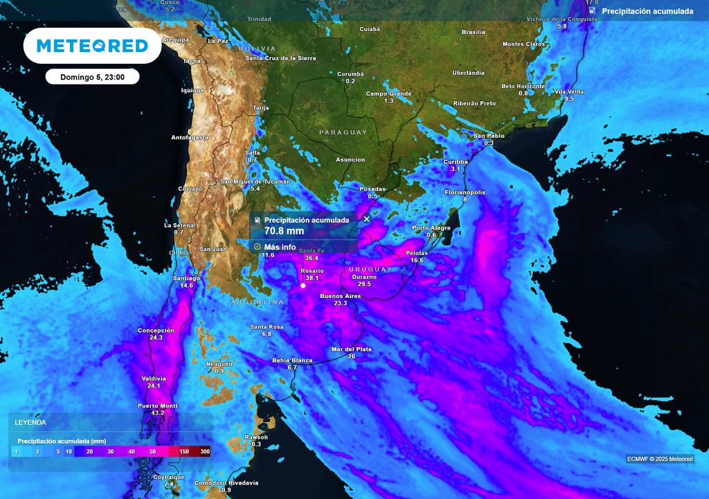 Precipitación acumulada según el modelo ECMWF el domingo 5 de octubre a las 23 h.