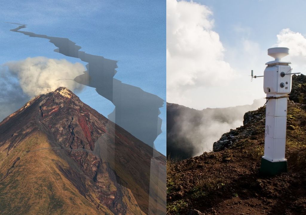 volcán, sismo y sismógrafo