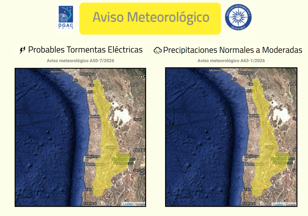 Zonas con avisos meteorológicos por lluvias y tormentas eléctricas en el norte de Chile.