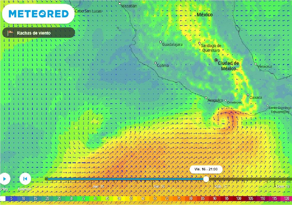 Modelo ECMWF - Mapa de rachas de viento en km/h.