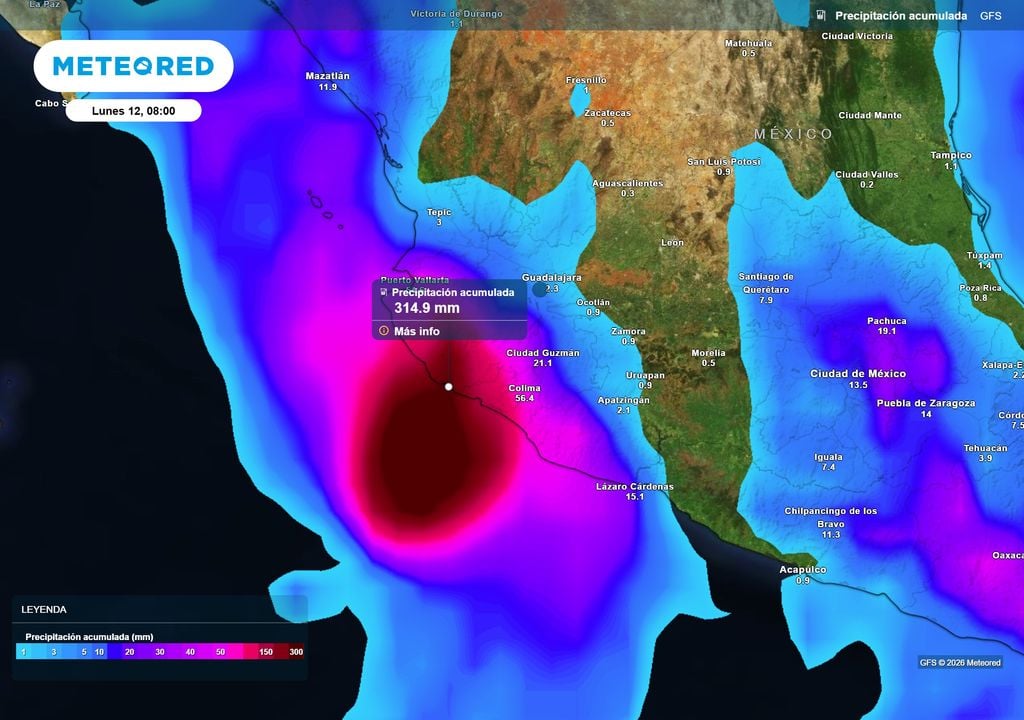 Pronóstico de precipitaciones en milímetros Lluvias torrenciales se prevén entre Colima y Jalisco con el impacto del Huracán Mayor Simon este domingo. inundaciones catastróficas son probables.
