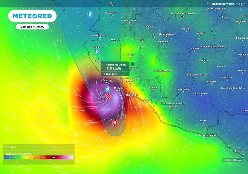Pronóstico de ráfagas de viento en km/h El impacto del huracán Simon llevará severas ráfagas de viento a costas de Jalisco superando 100 km/h, y mucho mayores en donde el ojo tocaría tierra.