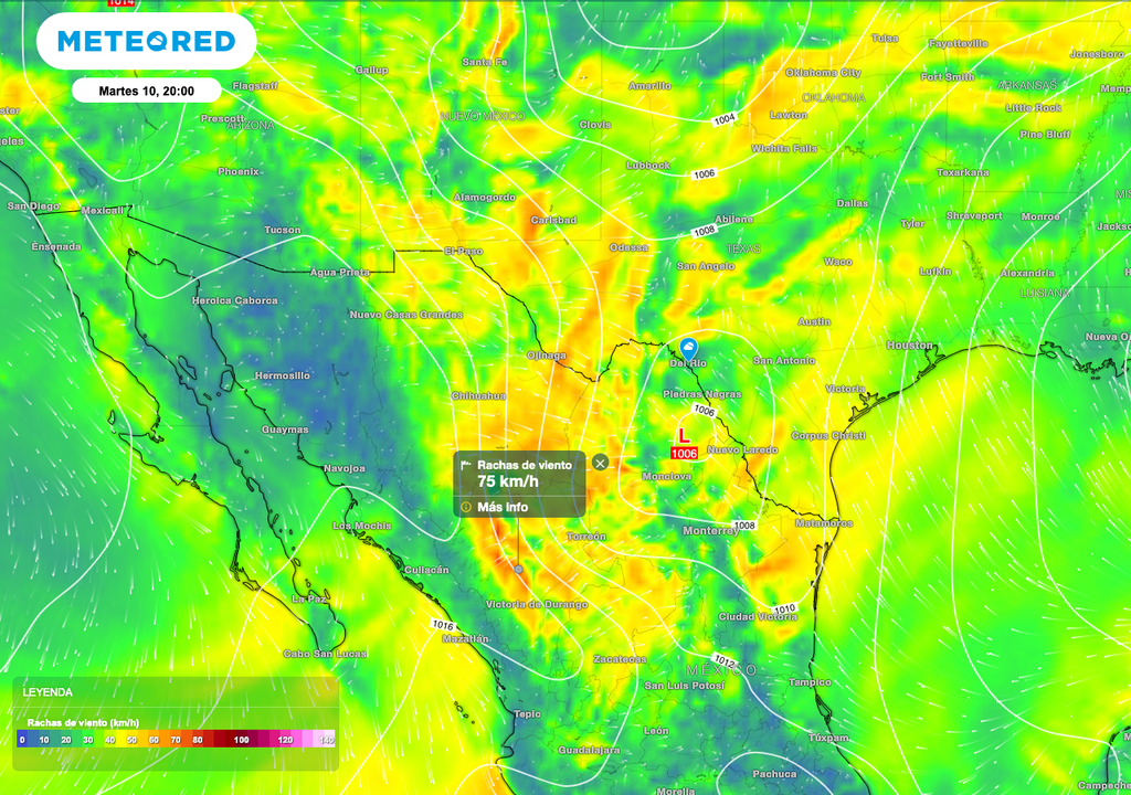 Debido a las masas de aire y la tormenta de nieve, se prevé viento de 50 a 70 km/h con ráfagas de 80 km/h sobre Sonora, Chihuahua y Coahuila.