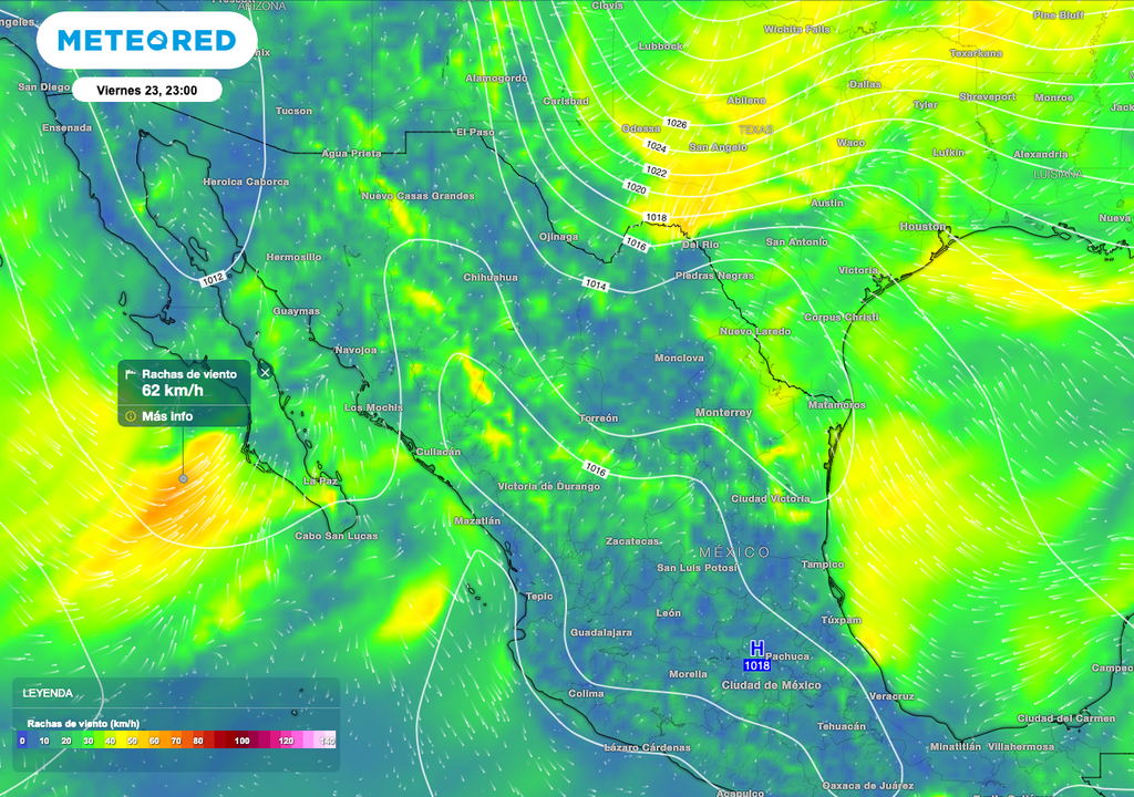Se preven vientos con rachas fuertes de hasta 70 km/h en la Península de Baja California ya entrada la noche.