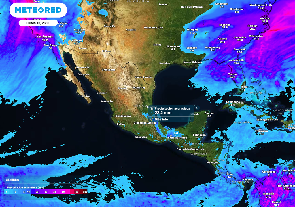 Las lluvias y aguaceros más fuertes serán sobre el Noroeste de México, con acumulados de hasta 40 mm en Baja California.