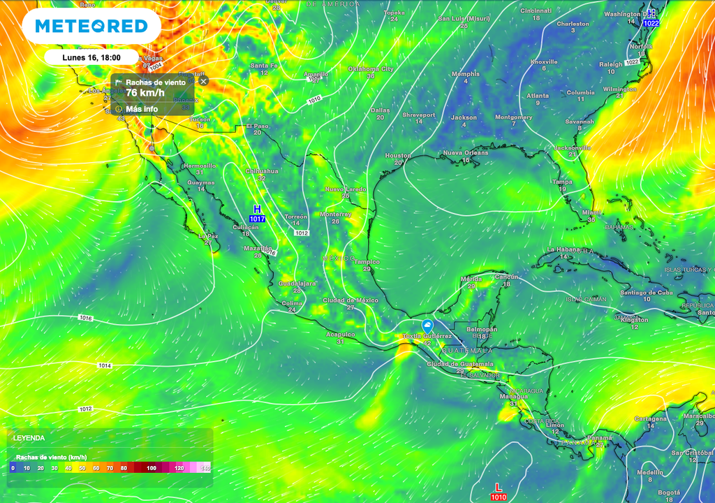 Se preven vientos con rachas fuertes de hasta 80 km/h en la Península de Baja California, ya entrada la noche.