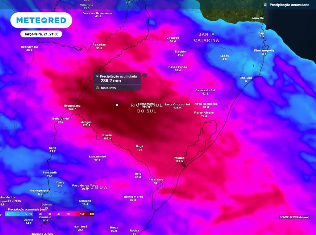 Acumulado de chuva previsto até terça-feira (21), segundo o modelo ECMWF.