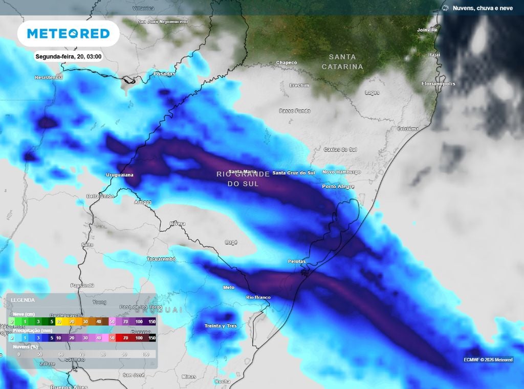 Chuvas intensas e tempestades continuam sendo previstas no início da segunda-feira (20).