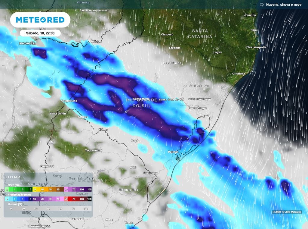 Precipitação prevista para a noite de sábado (18), de acordo com o modelo ECMWF.