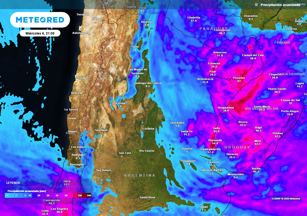 Acumulados de lluvia previstos hasta el próximo miércoles según nuestro modelo de referencia ECMWF