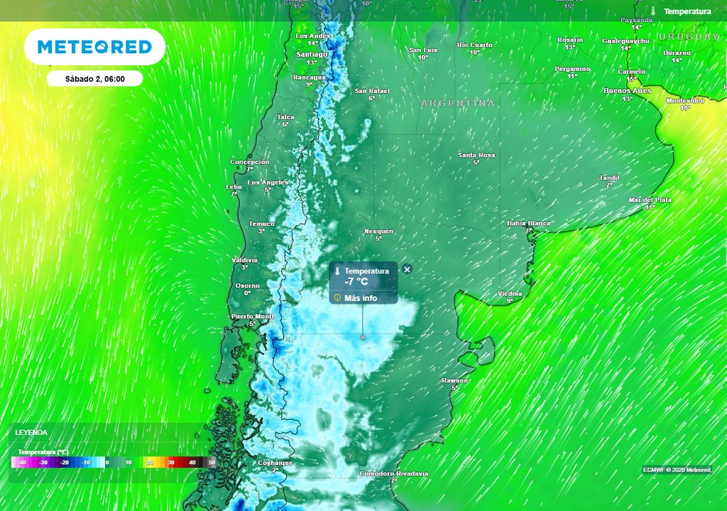 Temperaturas previstas para la mañana del sábado según nuestro modelo de confianza el ECMWF