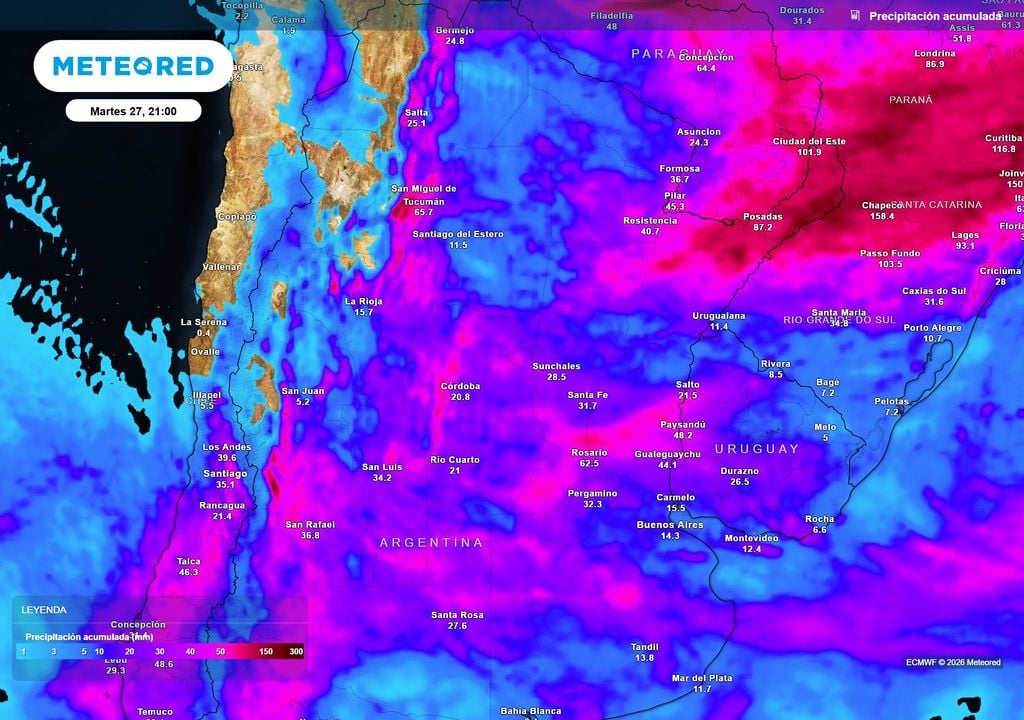 Acumulados de lluvia previstos hasta el próximo martes según nuestro modelo de referencia ECMWF