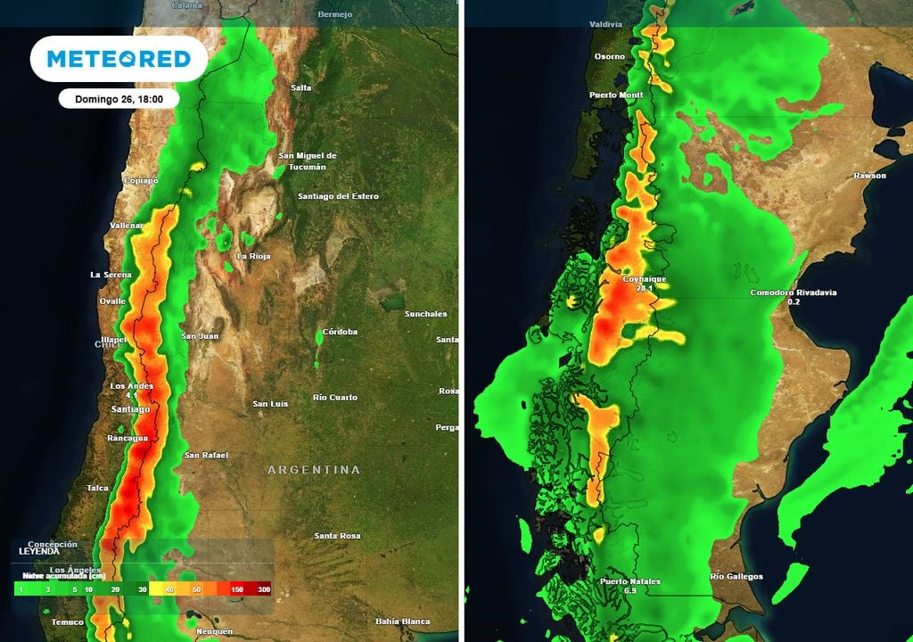 Nevadas Argentina Pronóstico de nieve acumulada en el oeste argentino y la Patagonia, hasta la noche del domingo 26 de julio