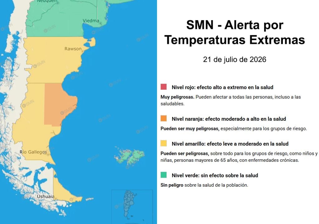 Alerta frío El SMN mantiene alerta de nivel amarillo y naranja por temperaturas extremas (frío) para la mayor parte de la Patagonia el día de hoy