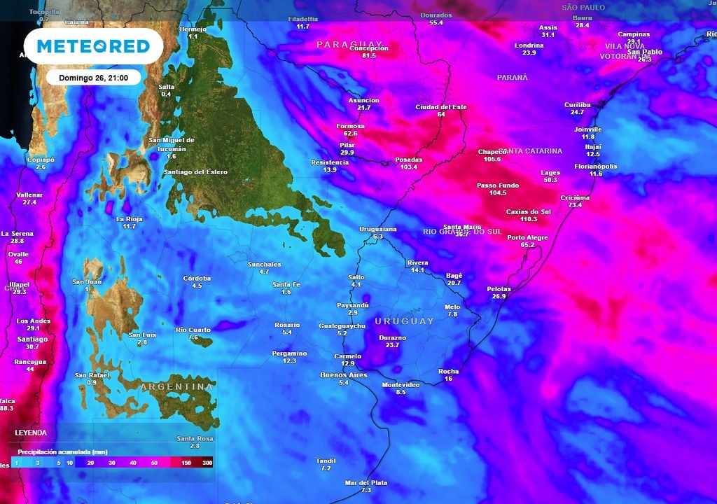 Precipitación hasta el domigo Precipitación acumulada hasta la noche del domingo 26, prevista por Meteored. El NEA, puede registrar hasta 120 mm
