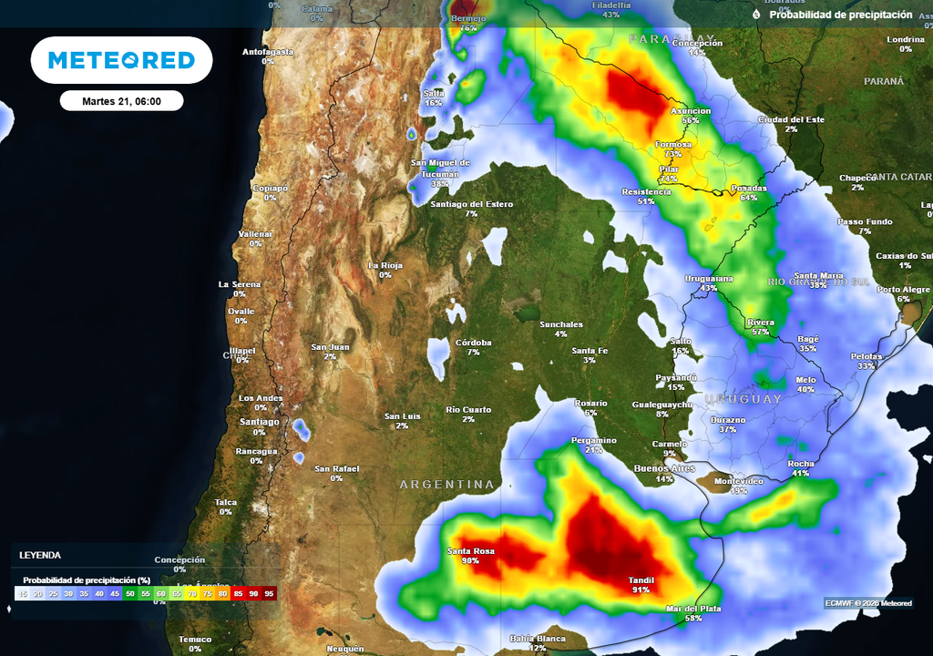 Probabilidad de precipitaciones durante el próximo martes según mapas propios basados en nuestro modelo de confianza ECMWF