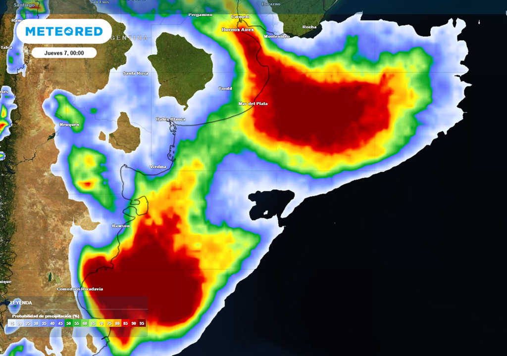 Zonas con mayor probabilidad de precipitaciones, en torno a la medianoche del miércoles 6 de mayo. Créditos: Modelo ECMWF