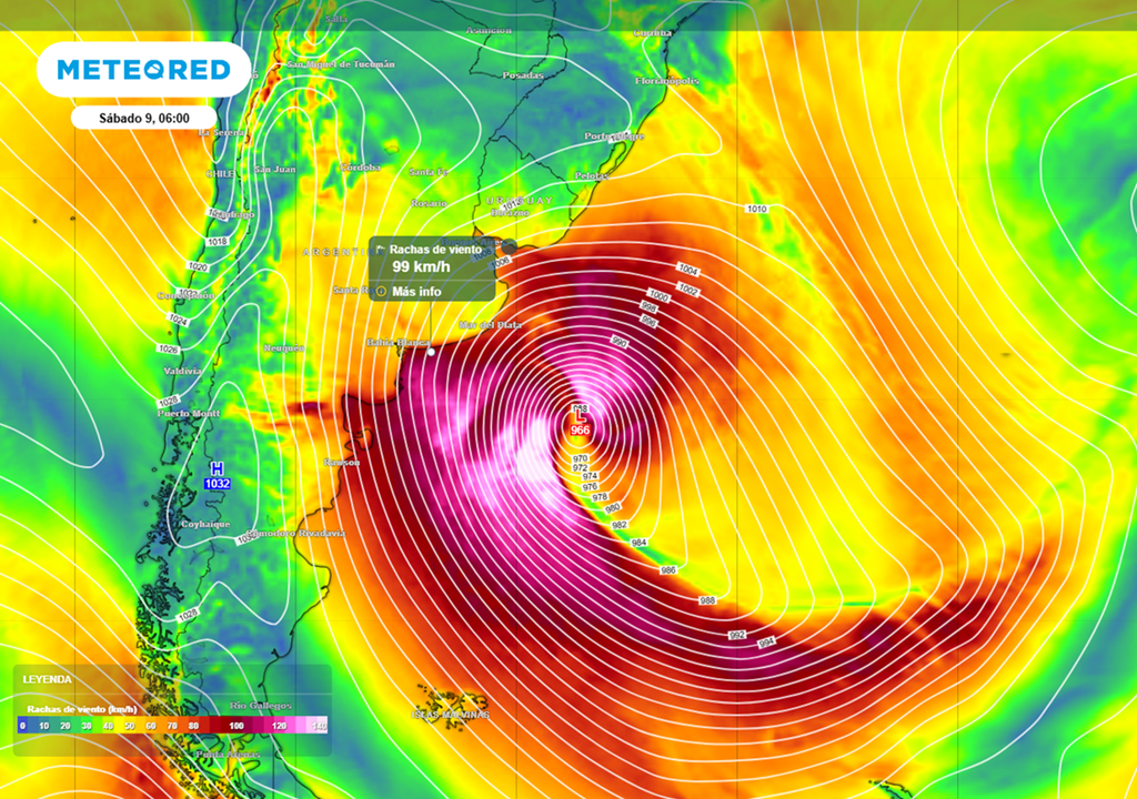 El ciclón extratropical maduro ya sobre el Atlántico deja ráfagas muy intensas en la costa bonaerense, de hasta 100 km/h, el sábado 9. Estas pueden causar daños materiales y contratiempo importantes en el desarrollo de la vida cotidiana, entre el jueves y el sábado, se pide la población extremar las medidas preventivas frente a esta situación meteorológica particular. Créditos: Modelo ECMWF