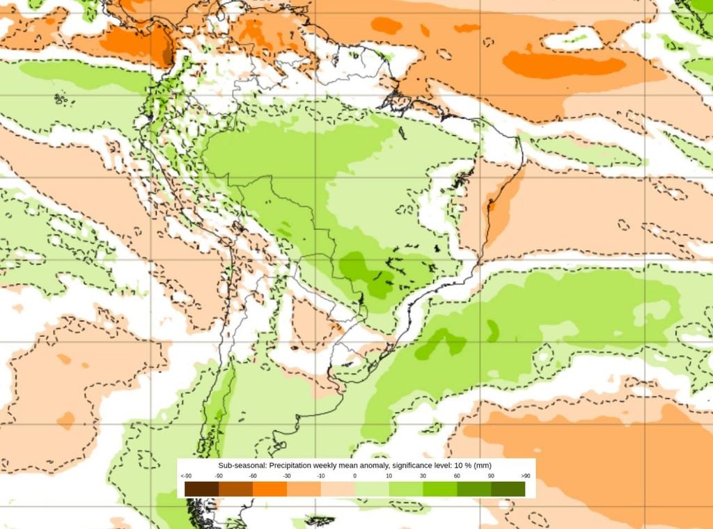 Anomalia de precipitação do ECMWF charts para a semana entre o dia 08 e 15 de junho.