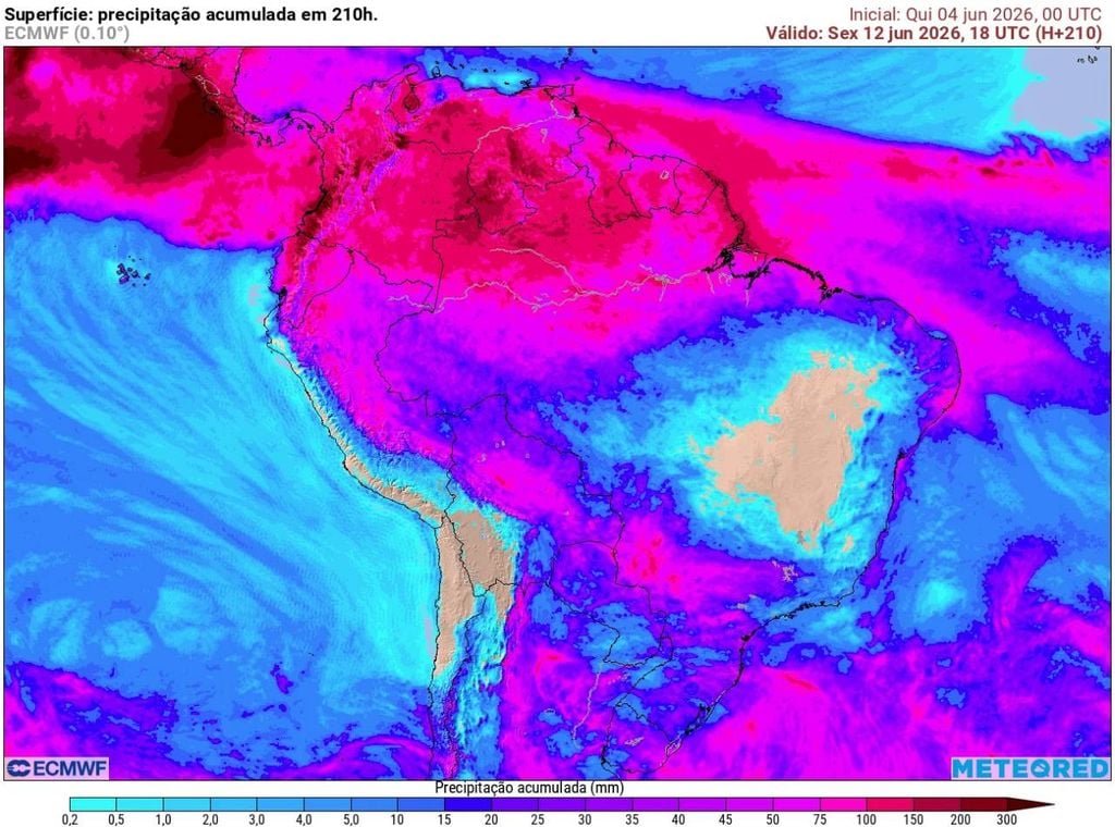 Precipitação acumulada entre os dias 04 e 12 de junho, segundo o modelo ECMWF.