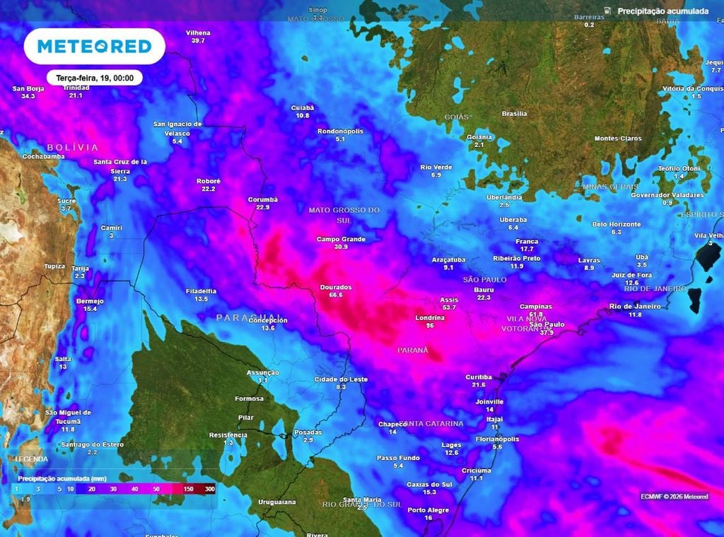 Precipitação acumulada entre o sábado (16) e o final da segunda-feira (18), segundo o modelo ECMWF.