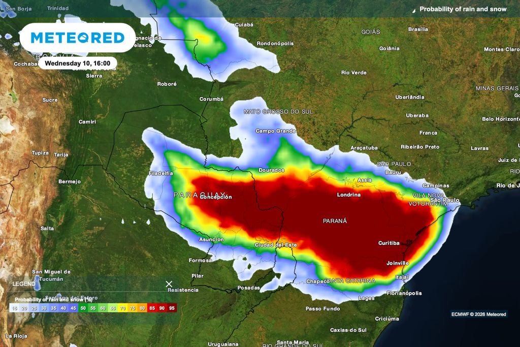 Chuva, probabilidade, Dourados Probabilidade de chuva na quarta-feira à tarde destaca a organização das instabilidades entre o Paraná, oeste de São Paulo e sul de Mato Grosso do Sul, com Dourados na borda da faixa mais ativa.