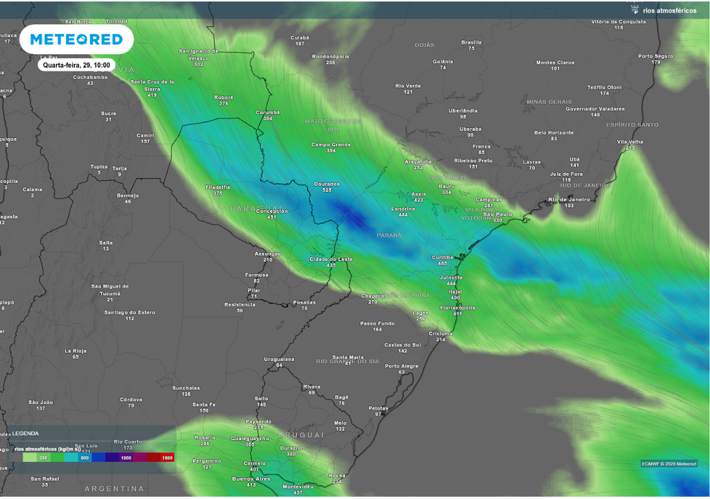 Previsão de rio atmosférico para quarta-feira (29), segundo o ECMWF.