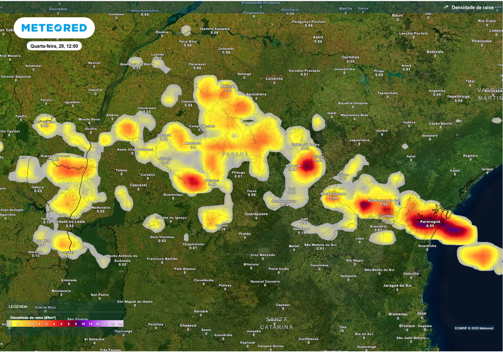 Previsão de tempestades para quarta-feira (29), segundo o ECMWF.