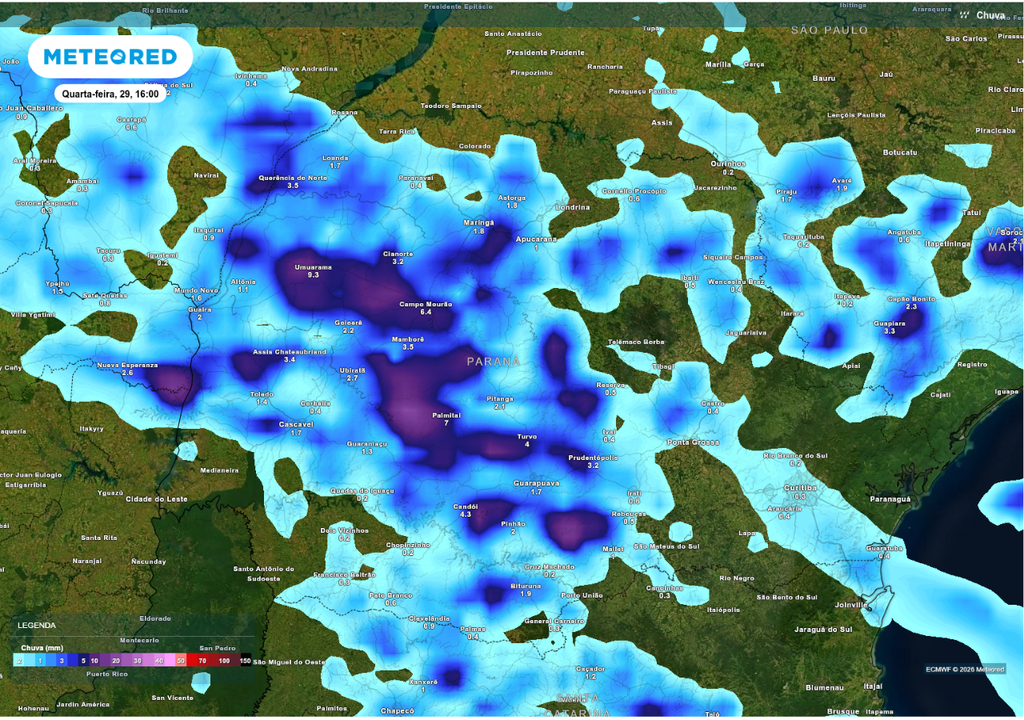 Previsão de chuvas intensas nesta quarta-feira (29), segundo o ECMWF.