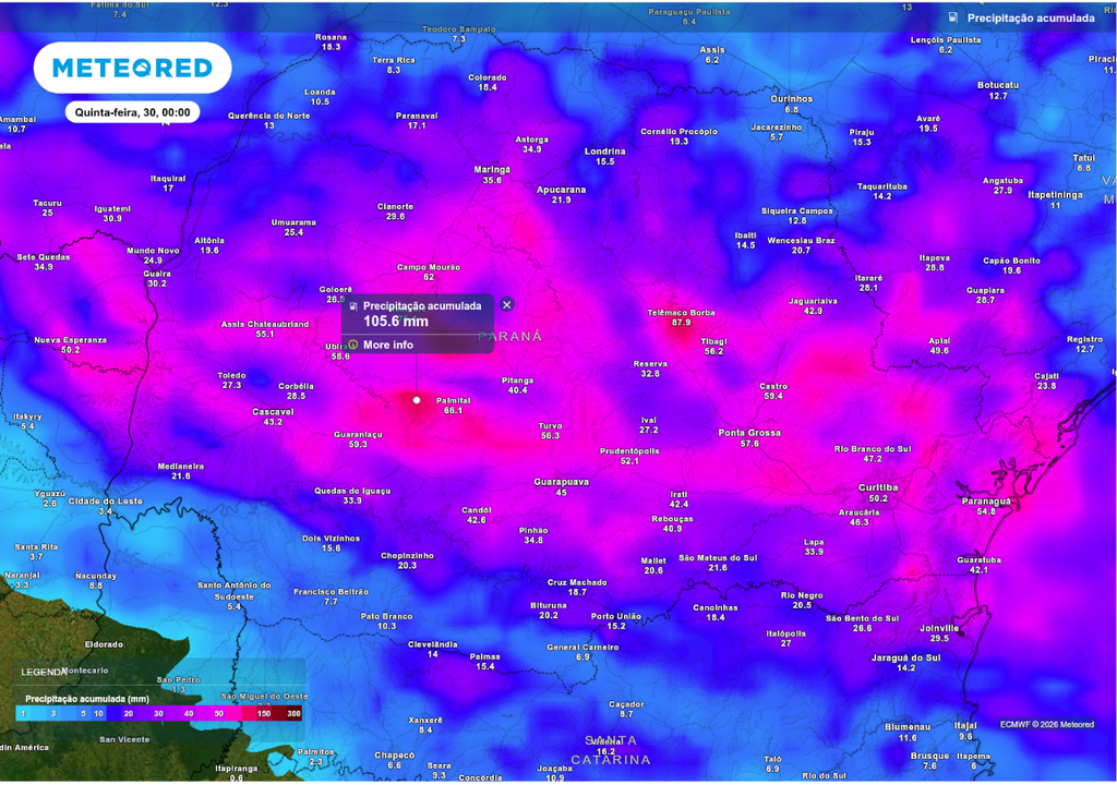 Previsão de chuva acumulada até o final da quarta-feira (29), segundo o ECMWF.
