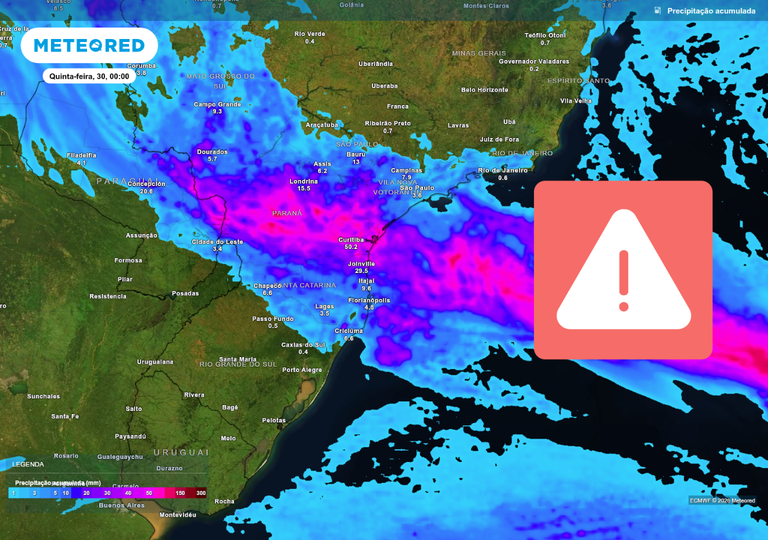 Alerta no Paran&aacute;: rio atmosf&eacute;rico provoca chuva extrema de at&eacute; 100 mm nesta quarta, 29