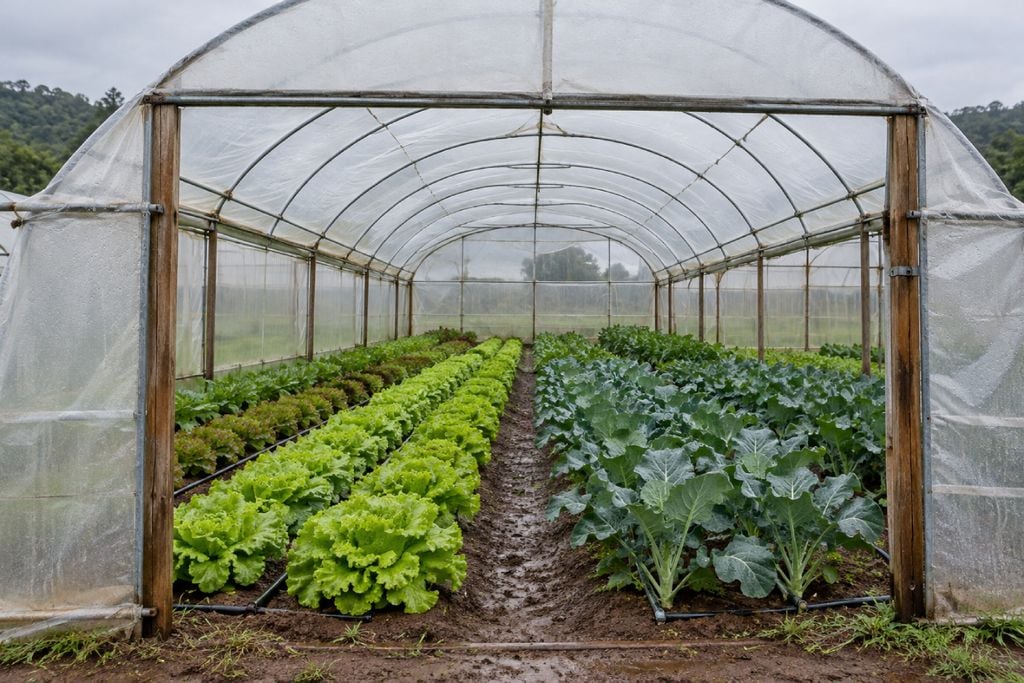 estufa, hortaliças Previsão de chuva no Paraná entre domingo (11) e terça-feira (13) pode dificultar o replantio de hortaliças e os reparos em estufas.