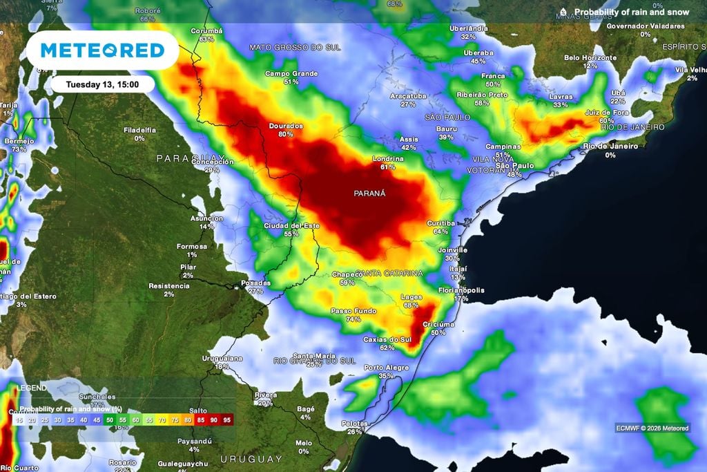 chuva, previsão Previsão de probabilidade de chuva para terça-feira (13), às 15h.