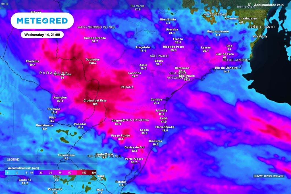 chuva, acumulado, paraná Previsão de chuva acumulada até quarta-feira (14), às 21h.