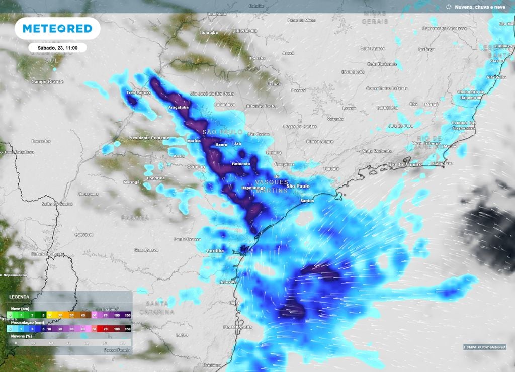 Previsão de precipitação (em mm) e nebulosidade para sábado (23) de manhã (11h), segundo o modelo europeu ECMWF.