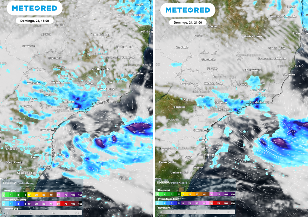 Previsão de precipitação (em mm) e nebulosidade para domingo (24) à tarde (15h) à esquerda e à noite (21h) à direita, segundo o modelo europeu ECMWF.