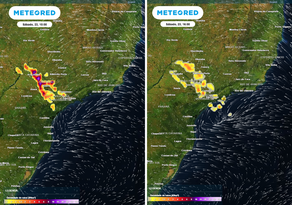Previsão de densidade de raios (descargas elétricas) para sábado (23) de manhã (10h) à esquerda e de tarde (16h) à direita, segundo o modelo europeu ECMWF.