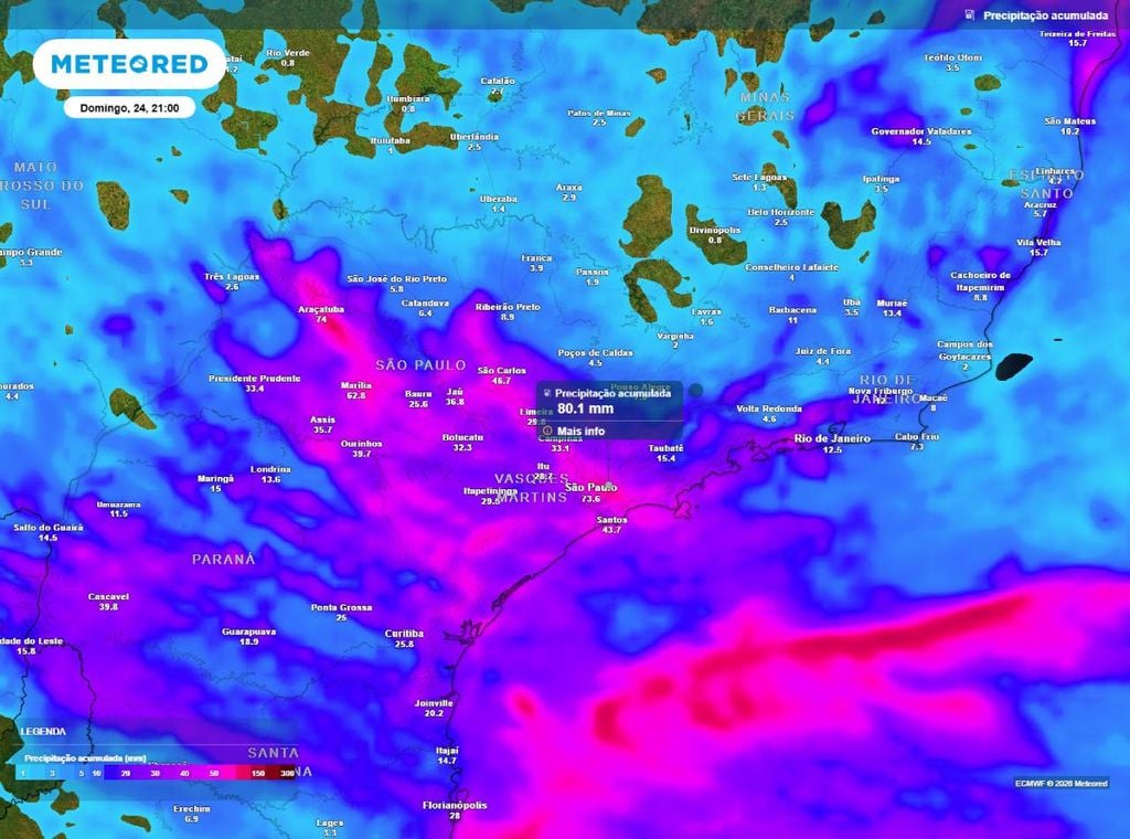 Previsão do acumulado de precipitação (em mm) entre hoje (21) e a noite (21h) do domingo (24), segundo o modelo europeu ECMWF.