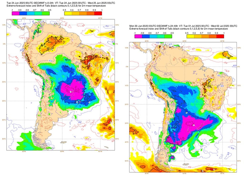 EFI para temperatura mínima entre os dias 24 e 25 de Junho (esquerda) e 01 e 02 de Julho (direita). Fonte: ECMWF. EFI para temperatura mínima entre os dias 24 e 25 de Junho (esquerda) e 01 e 02 de Julho (direita). Fonte: ECMWF.