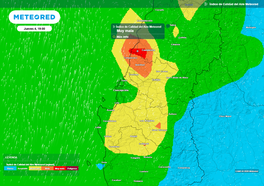 Índice de Calidad del Aire (ICA) para la tarde del jueves (04) en las regiones de Ñuble, Biobío y La Araucanía.
