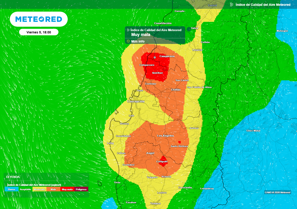 Índice de Calidad del Aire (ICA) para la tarde del viernes (05) en las regiones de Ñuble, Biobío y La Araucanía.