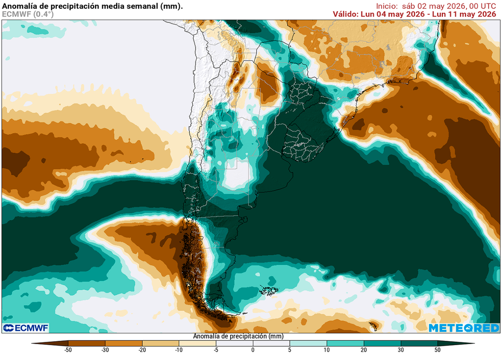 Anomalía de precipitaciones prevista para la próxima semana según el modelo ECMWF