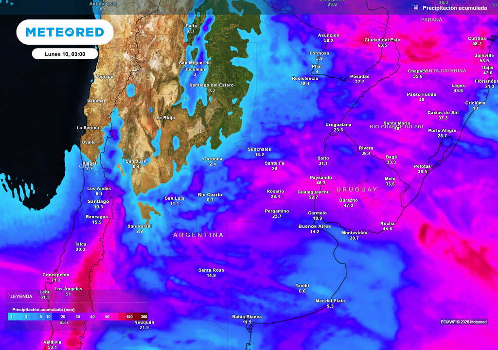 Pronóstico, Clima, Tiempo, Argentina Acumulados de lluvia previstos hasta el próximo lunes según nuestro modelo de referencia ECMWF